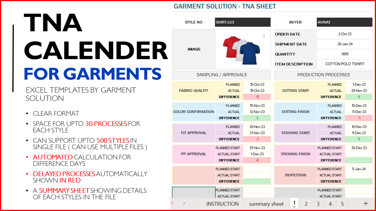 Garment Industry TNA Calendar Excel Template | FORMAT -1