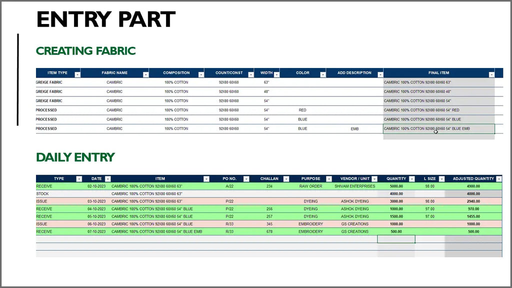 Fabric Movement and Stock Management Excel Template - 1