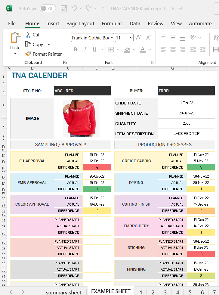Garment Industry TNA Calendar Excel Template | FORMAT -1